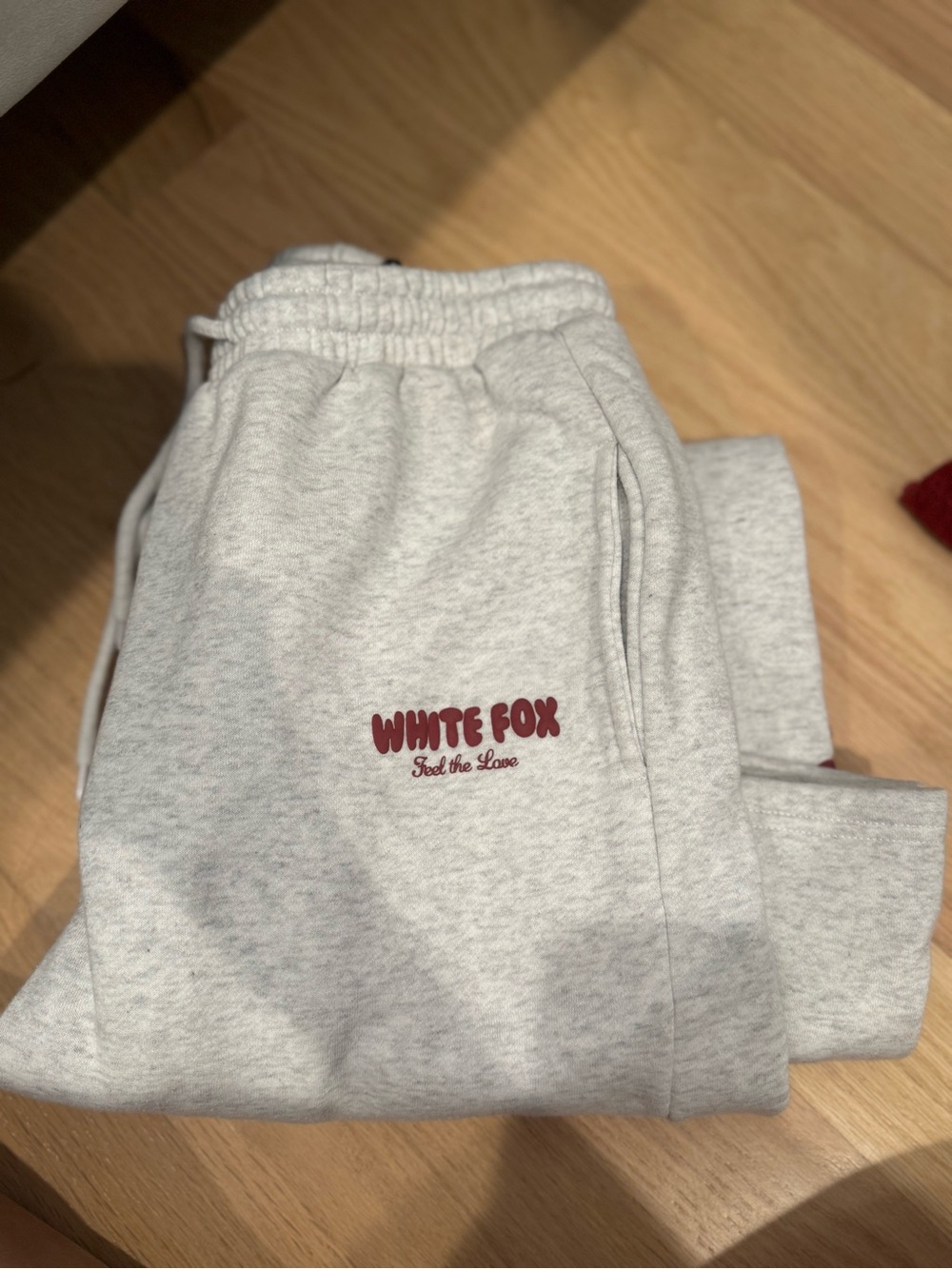 White Fox Light Gray Wide Leg Sweatpants with Burgundy Logo